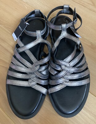 Ladies next leather pewter strappy forever comfort flat sandals size