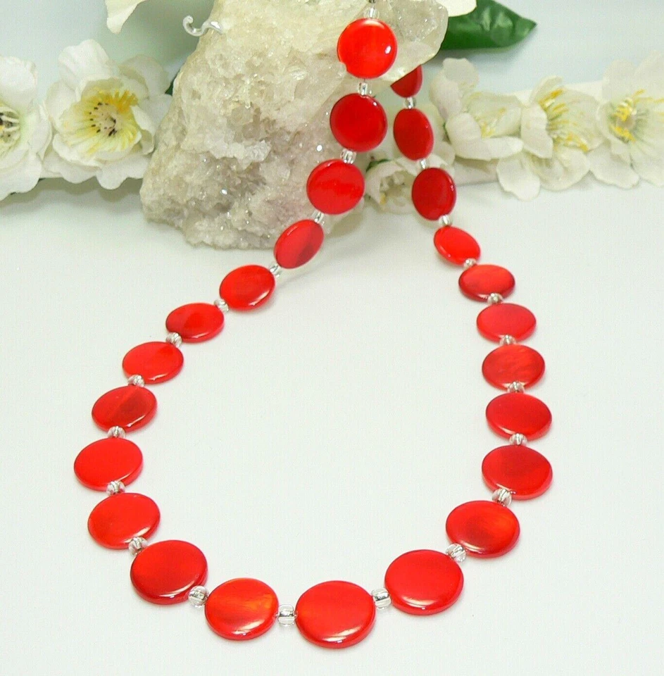 Halskette Kette Muschel Perlmutt  Scheibe Ø15mm knalliges Rot  405l - Bild 3 von 4