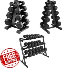 Rubber Coated Hex Dumbbell Pairs Weight Set 100lb-550lb Frame Rack Curl Fitness