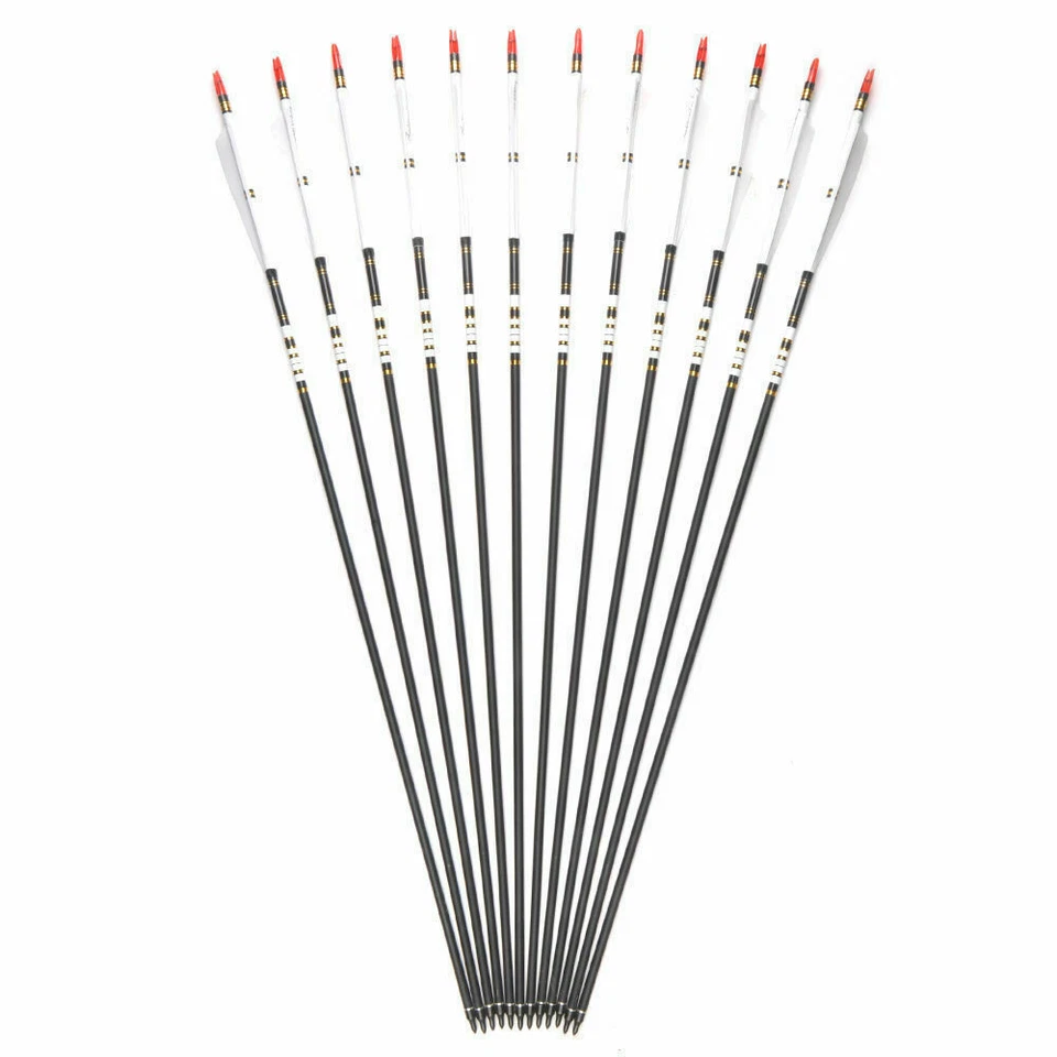 Flechas de carbono de tiro con arco de 33"" 7,6 mm 6/12 piezas plumas reales plegado caza deportes Foto 2 de 4
