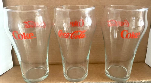 Vintage Coke Cola Glasses  Set of  3 - Red Writing 7" Never used