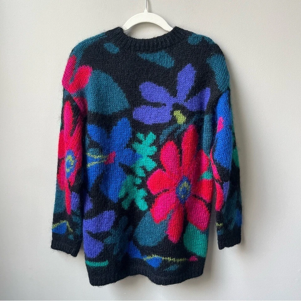 Suéter Floral Abstracto Vintage Para Mujer Talla S Pequeño Mezcla Mohair Negro Rosa Mod Foto 2 de 4