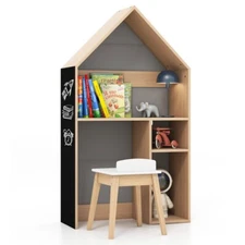 2-in-1 Toddlers House-shaped Desk and Chair Set Toy Bookcase Storage Organizer