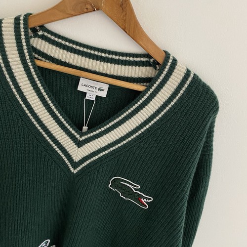 Lacoste Cricket Wool Jumper FR7 2XL XXL Mens Cable Knit Ribbed Green V Neck