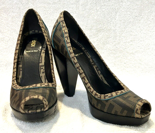Fendi Peep Toe Logo Canvas Heels Shoes Italy Size 39.5 Italy Teal Trim Brown Tan