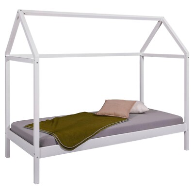 Hausbett Kinderbett Bettgestell Weiß Kiefernholz massiv lackiert 90 x 200 cm
