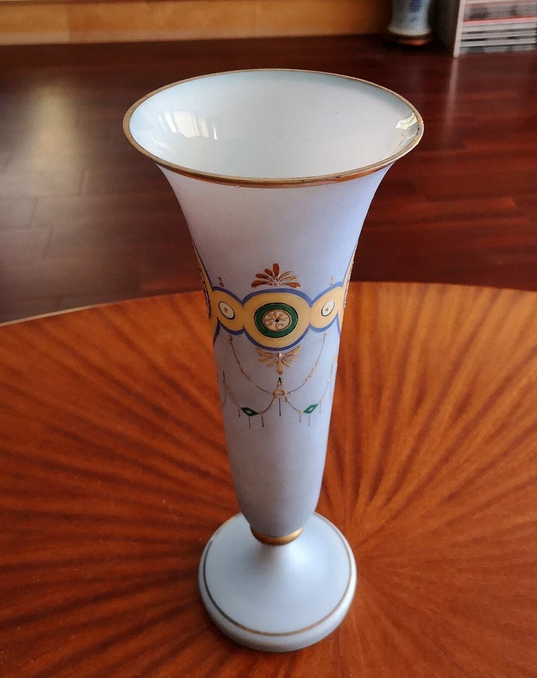 Ancien  vase cornet en opaline Bleu et Or  Epoque Charles X - Photo 4/4