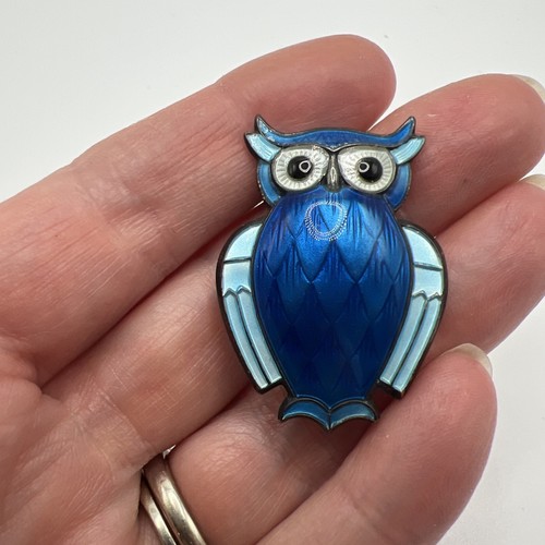 Vintage Norway David Andersen Sterling Silver Guilloche Enamel Owl Bird Pin