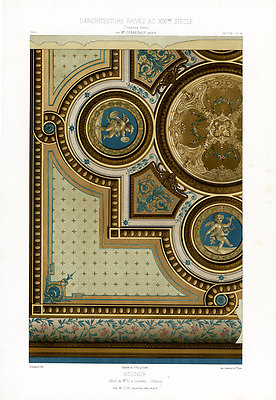 Antiker Druck-MR D'S HOTEL-LONDON-SCHLAFZIMMER-DECKE-ORNAMENT-Daly-Daumont-1877