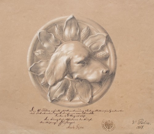 Akademische Studie Zeichnung Wilhelm Palm Hund Jagd Bleistift mit Weiß 1867 sign - Bild 3 von 4