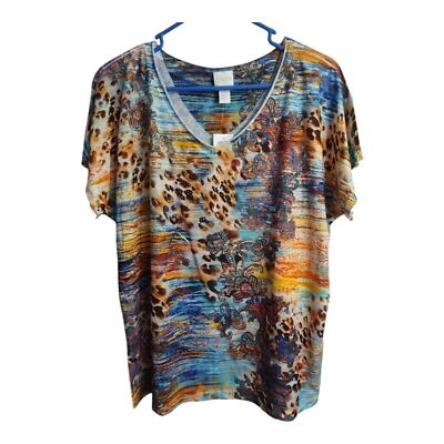 Chicos Color Formation Amalthea Knit Pattern Bejeweled Casual Office Blouse 2/L