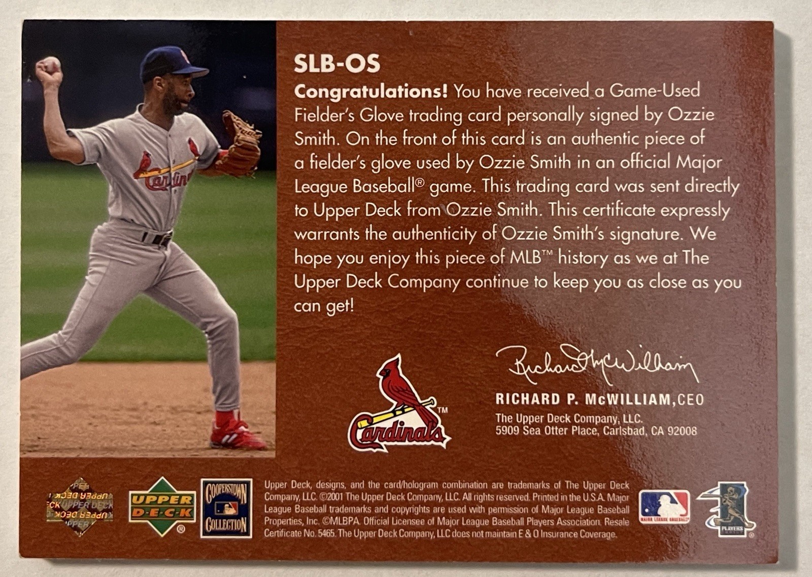 2001 UD Gold Glove Autograph OZZIE SMITH Game Used Glove Relic Auto Cardinals view 2