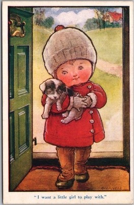 Artist-Signed E.A. OVERNELL Postcard Little Girl with Puppy Dog ''ART KIDS'' 337