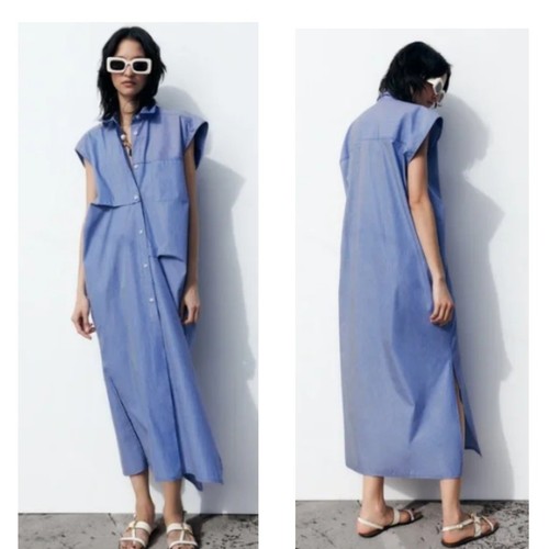 Zara Blue and White Striped Cotton Sleeveless Maxi Shirt Dress, NWOT, Size XXL