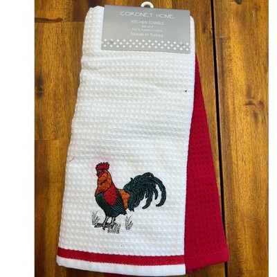 Coronet Home Kitchen Towels Set of 2 White Red Rooster Turkish Cotton NEW