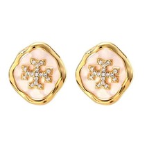 Tory Burch Irregular Round Stud Earrings Cream Enamel Gold Organic Minimalist