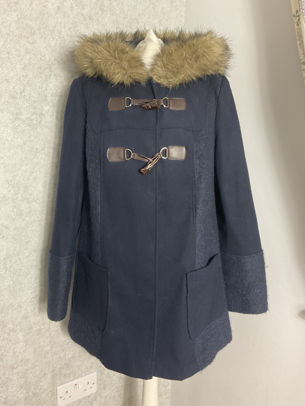 Miss Selfridge Navy Hooded Duffle Coat Faux Fur Trim Toggle UK 12 pockets
