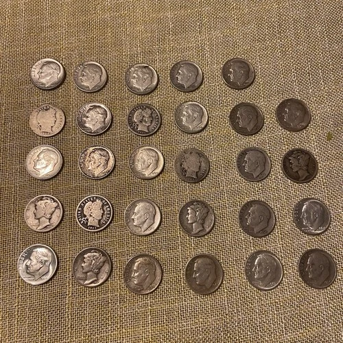 Lot Of 29 Barber, Mercury, and Roosevelt Silver Dimes 90% Silver Dimes
