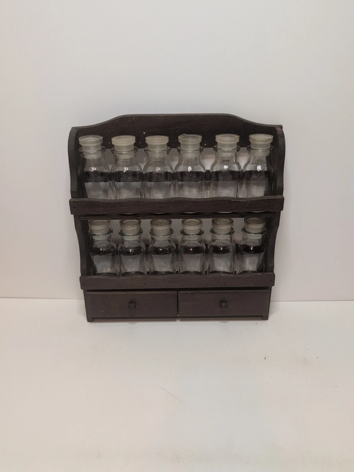 Vintage Wooden Spice Rack 12 Glass Bottles Lids 2 Drawers