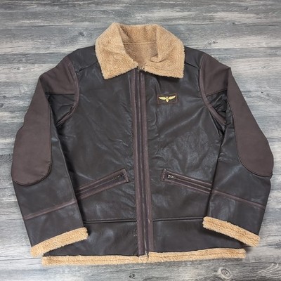 Men's Aviator Bomber Jacket Large Brown Faux Leather Sherpa Lined New No Tags