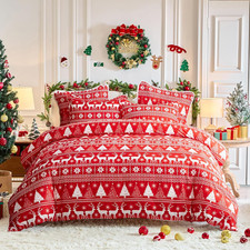 Christmas Duvet Cover Set Queen Size, Red White Snowflake and Deers Trees Xmas H