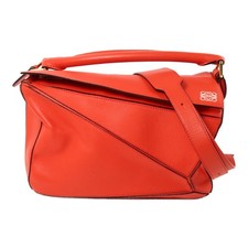 LOEWE GHW Puzzle Medium 2 Way Shoulder Bag Calfskin Leather Red
