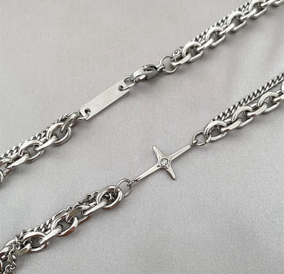 Collana Uomo Donna A Doppia Catena e Maglia Differente In Acciaio Inossidabile. - Immagine 3 di 4