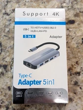 5-in-1 Type-C Adapter USB-C to HDTV USB 3.0 2.0 HUB LAN PD Supports 4K