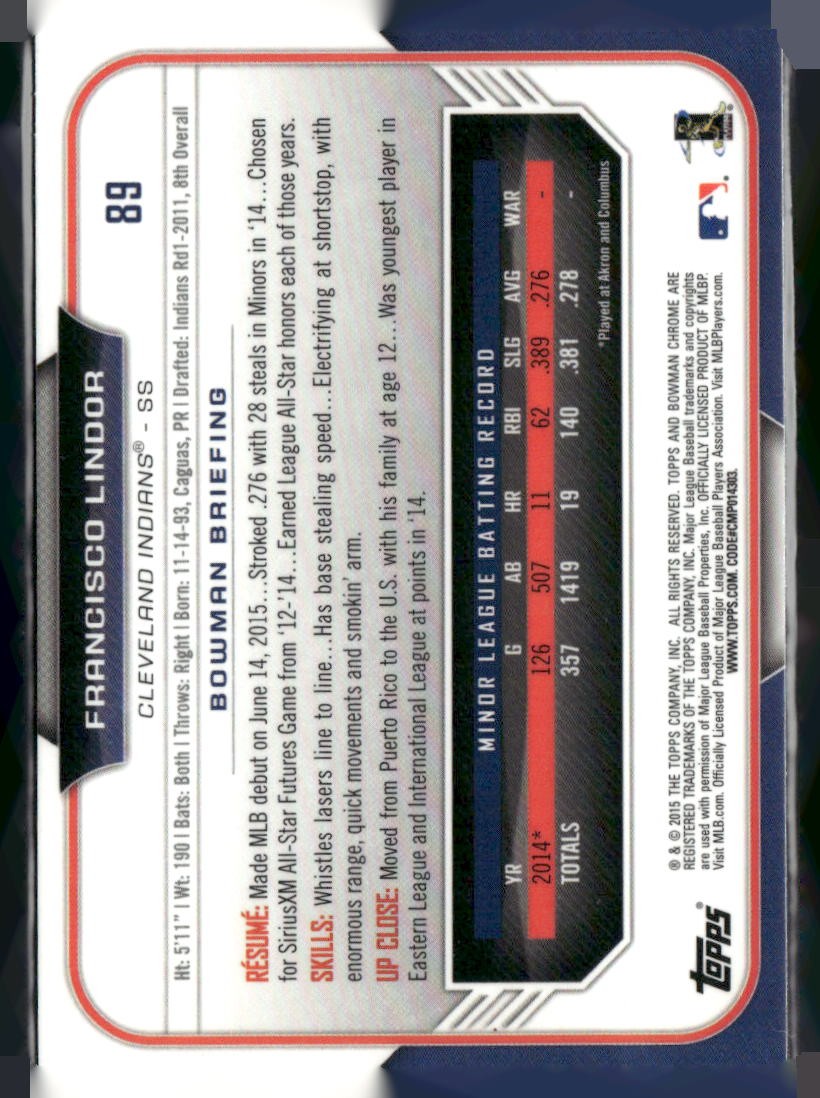 2015 Bowman Chrome #89 Francisco Lindor