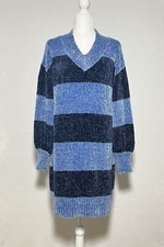SOLUTIONS! Blue and Black Striped V-neck Chenille Sweater Shift Dress - size M