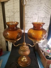Vintage Brass Double Hurricane Lamp Amber Hobnail Shades