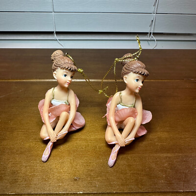 2 Ballerina Ballet Dancer Sitting Pink Flower Petal Tutu Christmas Ornaments