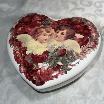 Teleflora Covered Ceramic Cherub Dish Trinket Candy Jewelry Box Heart Vintage