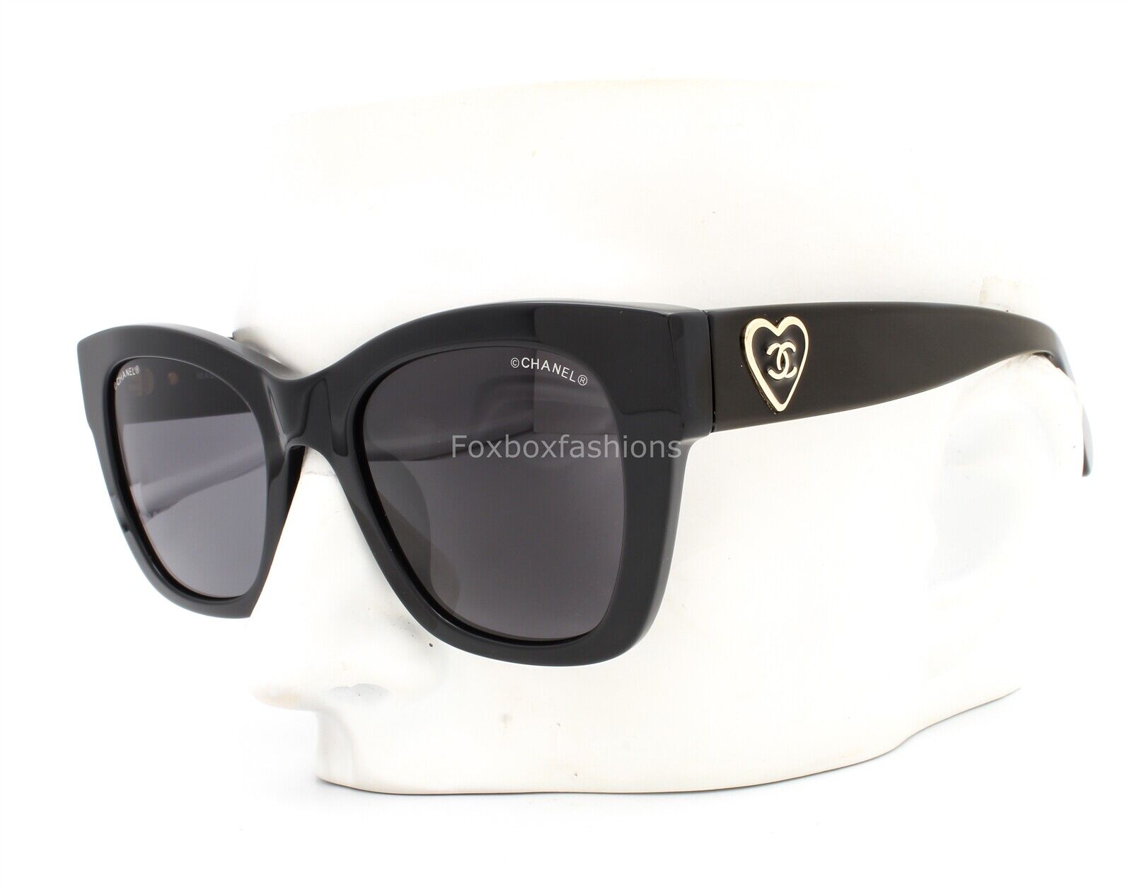 Chanel 5478 501/S4 Sunglasses Polished Black w/ Gold Heart CC Logo