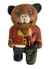 VTG Hand Carved 9  Teak Wood Hand Carved Painted Golfing Bear Indonesia VV7