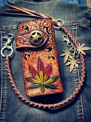 Weed Carved Wallet Handmade Cowboy Wallet Mens Bifold Wallet Chain Gift ...