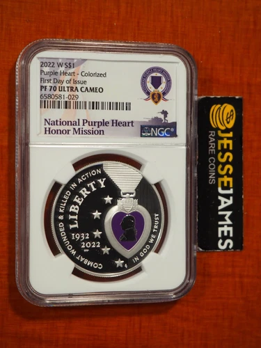 2022 W PROOF SILVER COLORIZED PURPLE HEART DOLLAR NGC PF70 FIRST DAY OF ISSUE