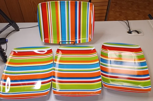 BED BATH & BEYOND Colorful Striped Melamine Rectangle 12" Dinner Plate -Set of 4 - Picture 1 of 4