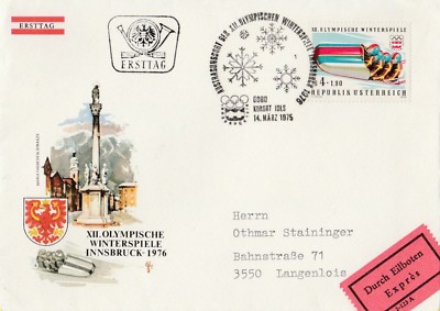 XII.  Olympische Winterspiele 1976 Innsbruck Ersttag verschickt nach Langenlois