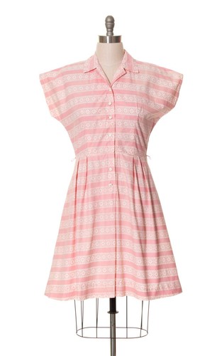 Vintage 1940s 1950s Pink Striped Floral Cotton Shirtwaist Shirt Day Dress Large - Picture 2 of 8