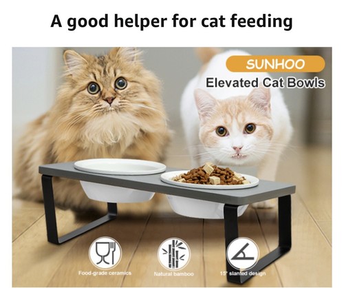 Raised & Tilted Food, Water Bamboo Stand•2 Ceramic Bowls•Anti Vomiting EC - Picture 15 of 23