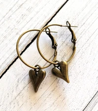 Bronze Puffy Heart Charm Hoop Earrings, Romance, Love, Boho