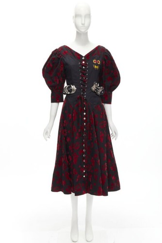 CHOPOVA LOWENA red velvet floral butterfly hook black corset Victorian dress S - Foto 11 di 11