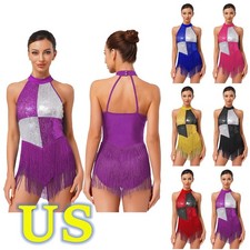 US Women Latin Jazz Dance Leotard Shiny Block Tassel Bodysuit Samba Competition
