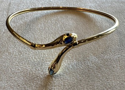 Vintage Snake Bangle Bracelet YG Yellow Gold Sapphire Eyes Serpent