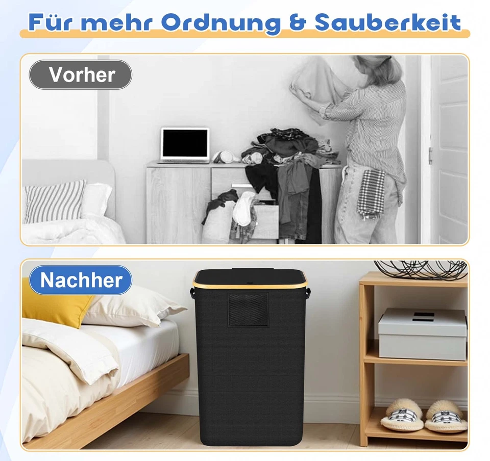 Wäschekorb mit Deckel 150L Extra Wäschesammler 2 Fächer Wäschesack Wäschebox DE - Bild 4 von 4