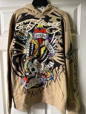 NWT Ed Hardy Tan New York City Skull Hooded Sweatshirt Size M Medium