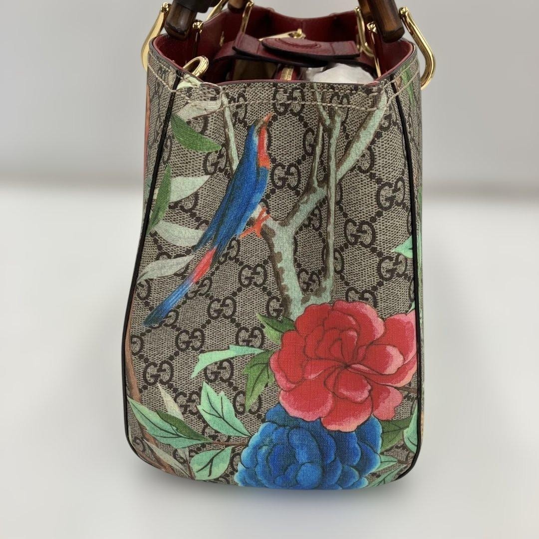 Gucci GG Supreme Flower Bird Tote Bag Bamboo Shopper Used from
