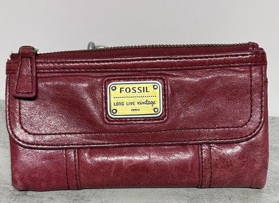 Fossil Emory Clutch Organizer Long Live Vintage Burgundy Leather Wallet