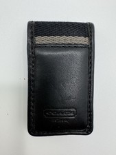 COACH Men's Magnetic Money Clip Black Leather with Heritage Stripe